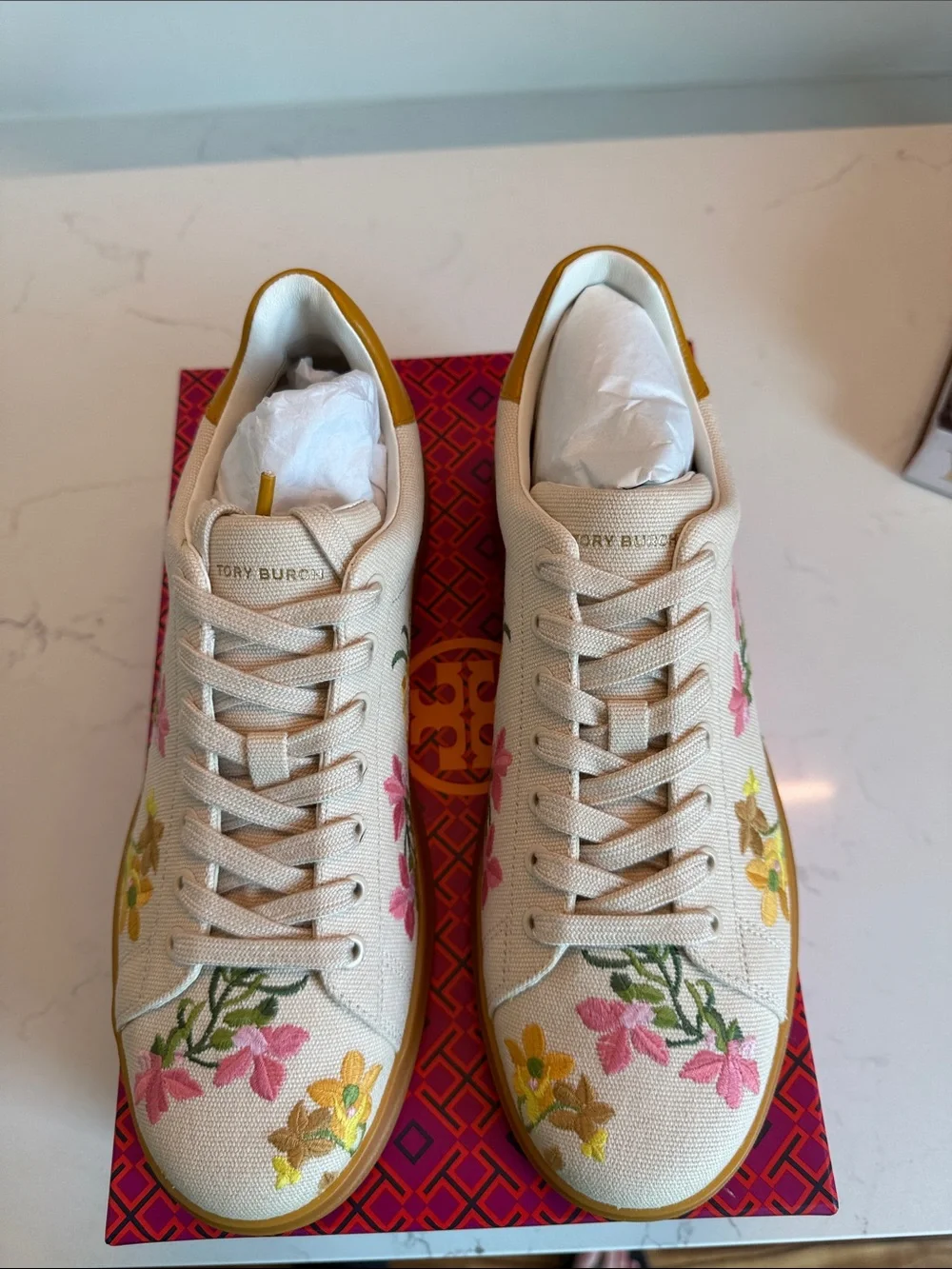 Tory Burch Cream Canvas Floral Embroidered Sneakers with Mustard Accents